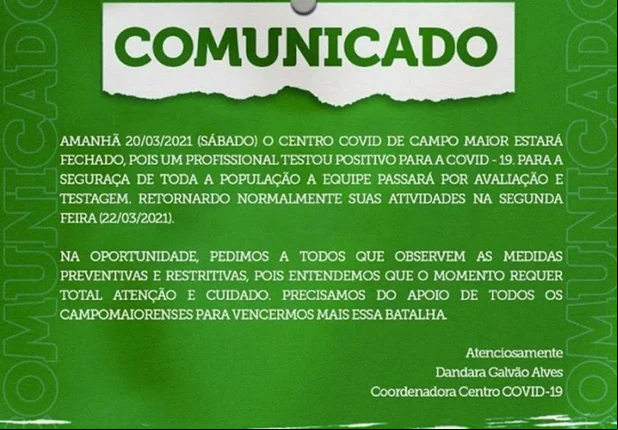 Comunicado da Coordenadora do centro de testagem da covid-19