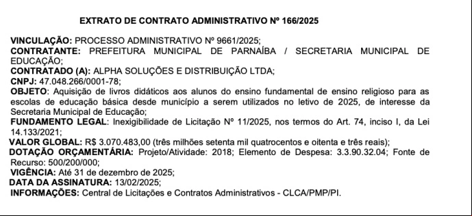 Extrato do contrato firmado pelo Município de Parnaíba
