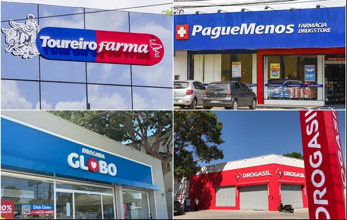 Toureiro, Drogasil, Pague Menos e Drogarias Globo.