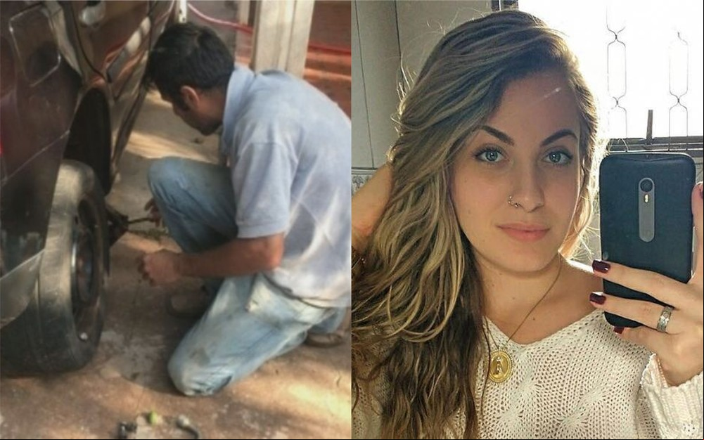 Mariana Forti Bazza ainda registrou o homem trocando o pneu