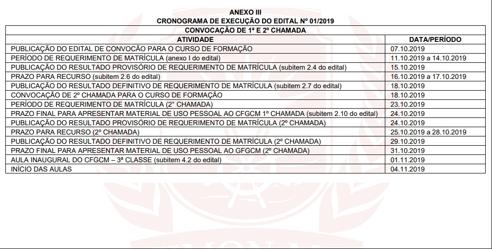 Cronograma do curso de formação
